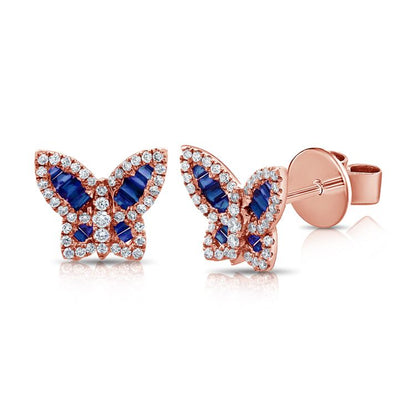 Petits clous d'oreilles papillon baguette en saphir et diamants