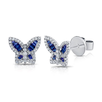 Petits clous d'oreilles papillon baguette en saphir et diamants