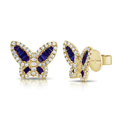 Puces d'oreilles papillon taille moyenne en saphir et diamants baguette